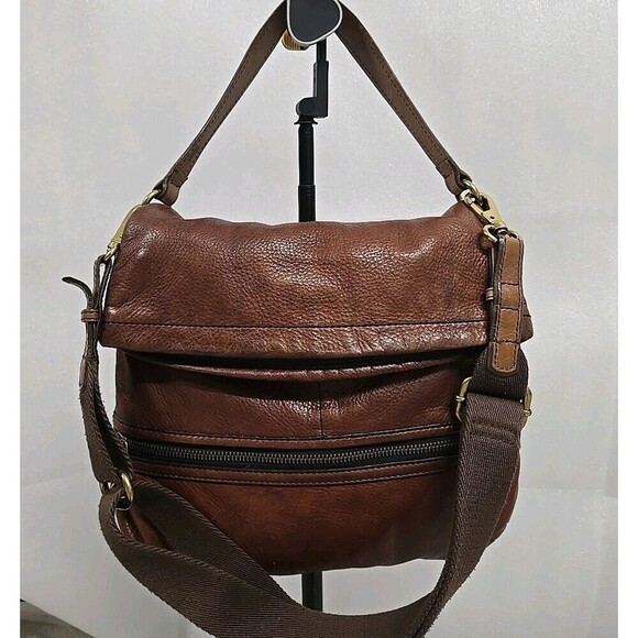 Fossil Long Live Cowhide Leather Fold Over Shoulder/Crossbody Bag Brown VINTAGE - Picture 4 of 11